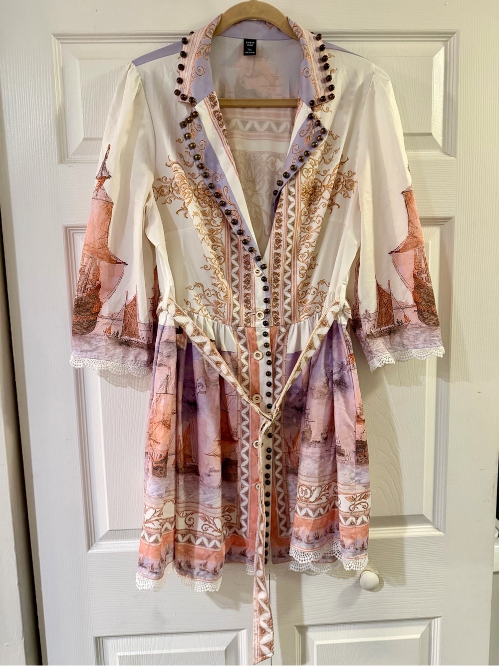 SHEIN Cream and Lavender Printed Mini Dress with Nautical Sailboat Motif